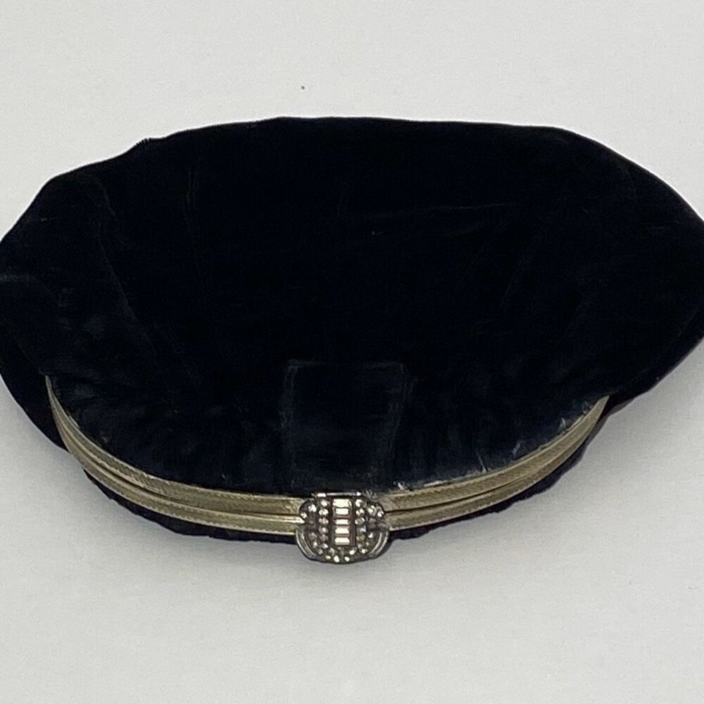 Vintage Black Velvet Art Deco Clutch Rhinestone Clasp Evening Bag Pouch Purse